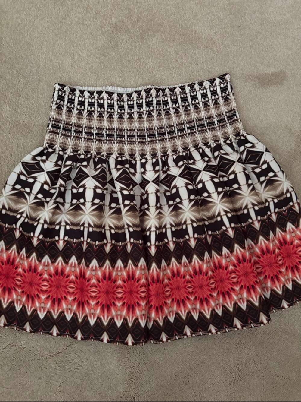 White House Black Market Black, White & Red Patterned Smocked Mini Skirt
